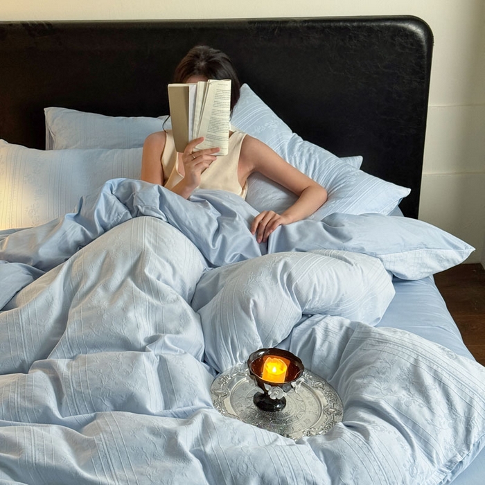 91家纺网 家纺一手货源 找家纺 佰亿莱 2026新款新疆长绒棉60支水洗提花四件套 海之蓝