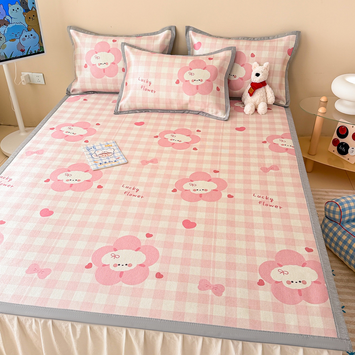 91家纺网 家纺一手货源 找家纺 懒猫家纺 2026新款250D数码印花宽边圆网冰丝凉席 花开狗狗