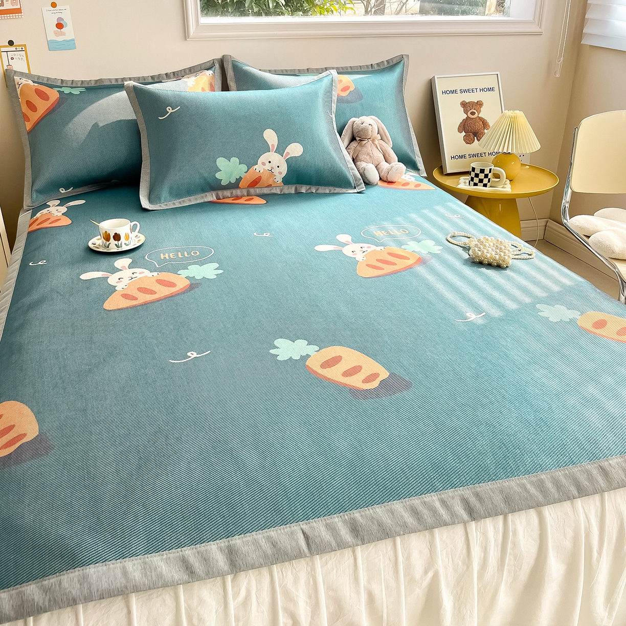 91家纺网 家纺一手货源 找家纺 懒猫家纺 2026新款250D数码印花宽边圆网冰丝凉席 萝卜兔