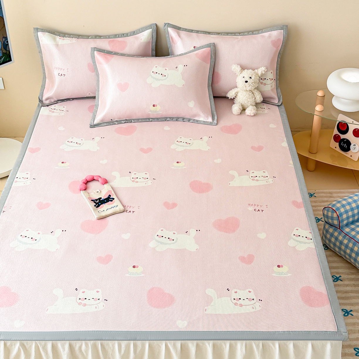 91家纺网 家纺一手货源 找家纺 懒猫家纺 2026新款250D数码印花宽边圆网冰丝凉席 慕斯小猫