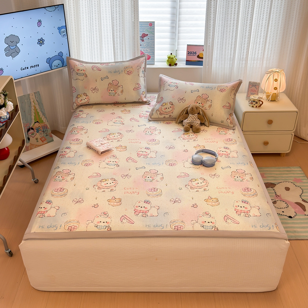 懒猫家纺 2026新款250D数码印花宽边圆网冰丝凉席 奶芙小狗