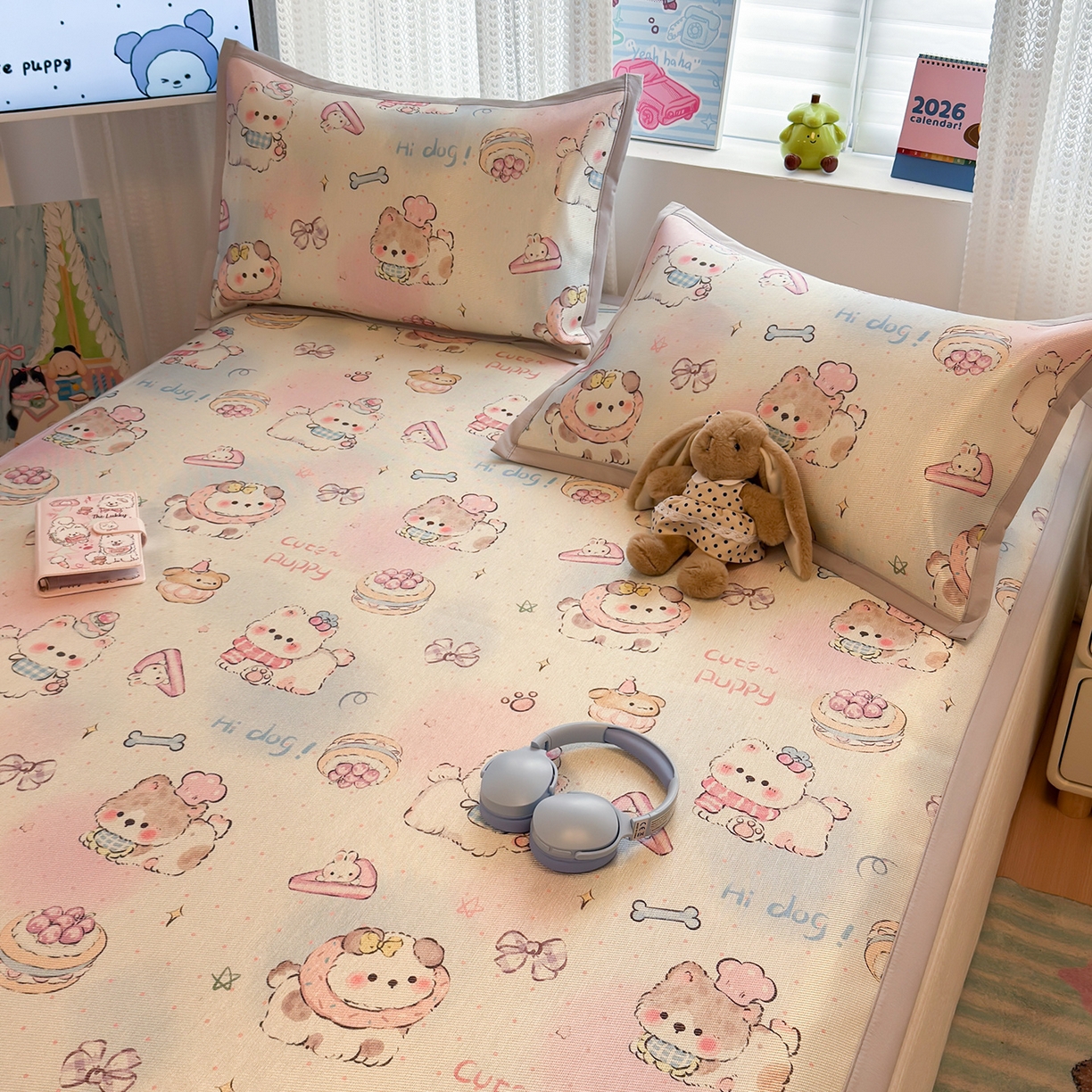 91家纺网 家纺一手货源 找家纺 懒猫家纺 2026新款250D数码印花宽边圆网冰丝凉席 奶芙小狗