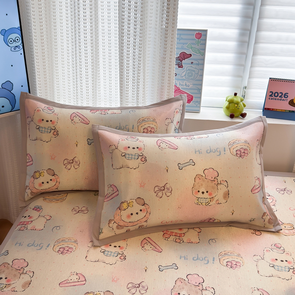 91家纺网 家纺一手货源 找家纺 懒猫家纺 2026新款250D数码印花宽边圆网冰丝凉席 奶芙小狗