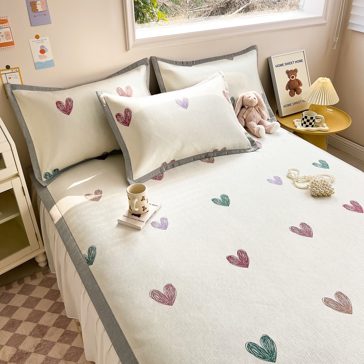 91家纺网 家纺一手货源 找家纺 懒猫家纺 2026新款250D数码印花宽边圆网冰丝凉席 手绘爱心