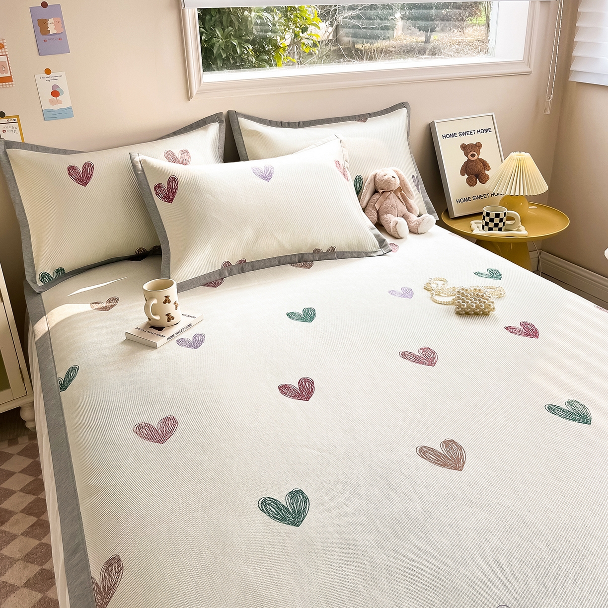 91家纺网 家纺一手货源 找家纺 懒猫家纺 2026新款250D数码印花宽边圆网冰丝凉席 手绘爱心