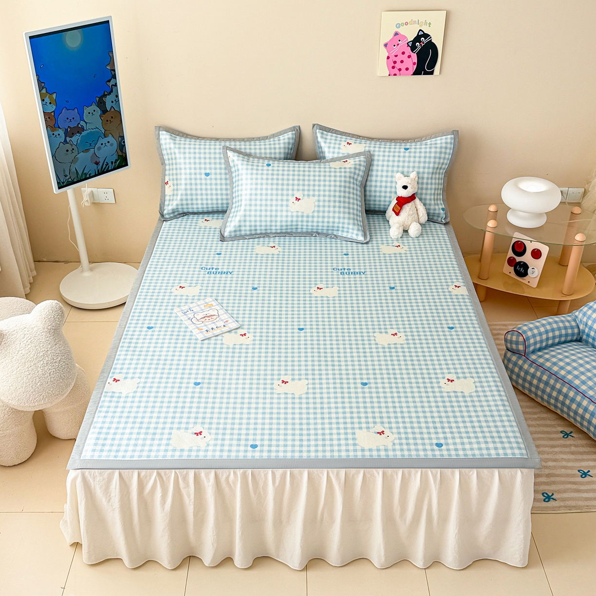 懒猫家纺 2026新款250D数码印花宽边圆网冰丝凉席 心心小兔