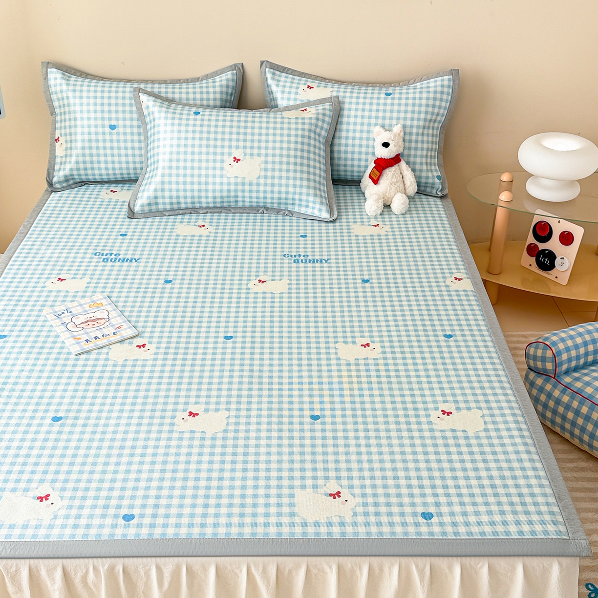 91家纺网 家纺一手货源 找家纺 懒猫家纺 2026新款250D数码印花宽边圆网冰丝凉席 心心小兔