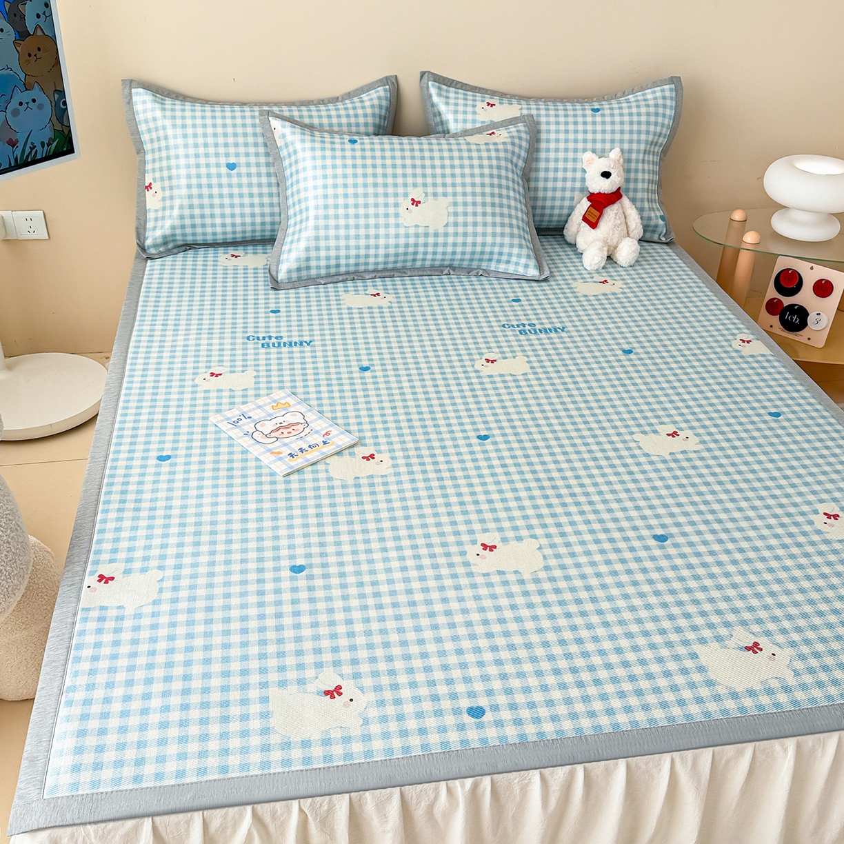 91家纺网 家纺一手货源 找家纺 懒猫家纺 2026新款250D数码印花宽边圆网冰丝凉席 心心小兔