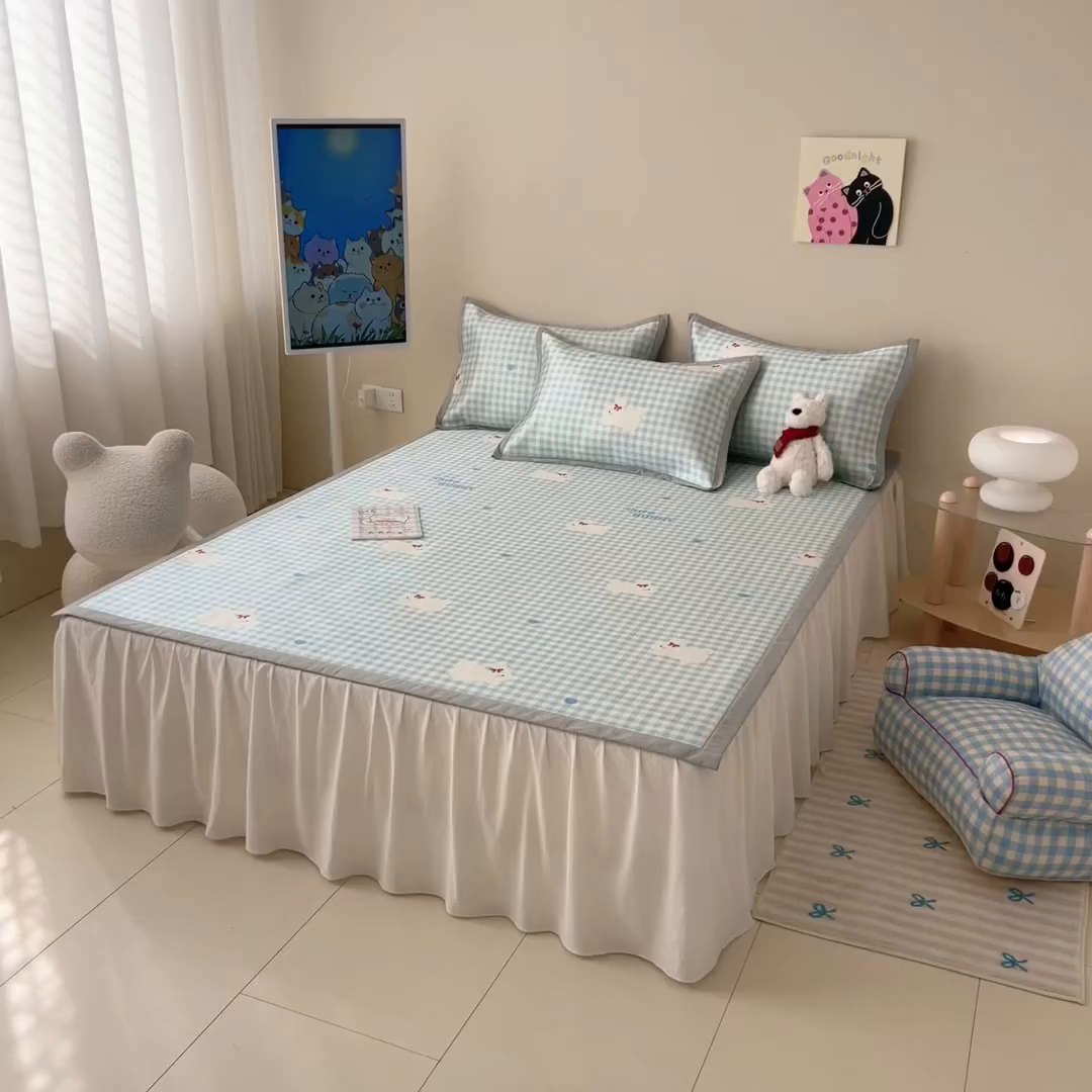 91家纺网 家纺一手货源 找家纺 懒猫家纺 2026新款250D数码印花宽边圆网冰丝凉席 心心小兔