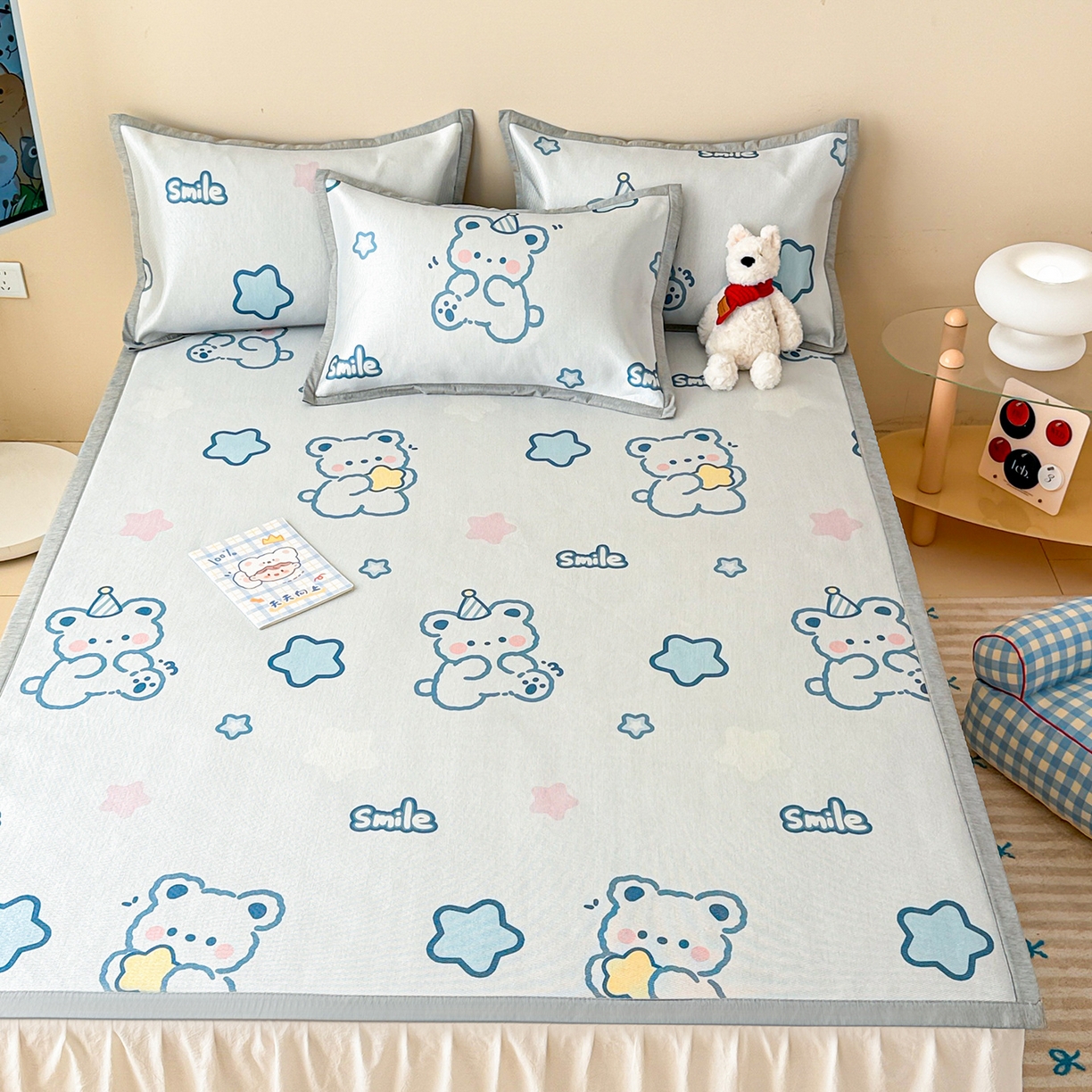 91家纺网 家纺一手货源 找家纺 懒猫家纺 2026新款250D数码印花宽边圆网冰丝凉席 星光小熊