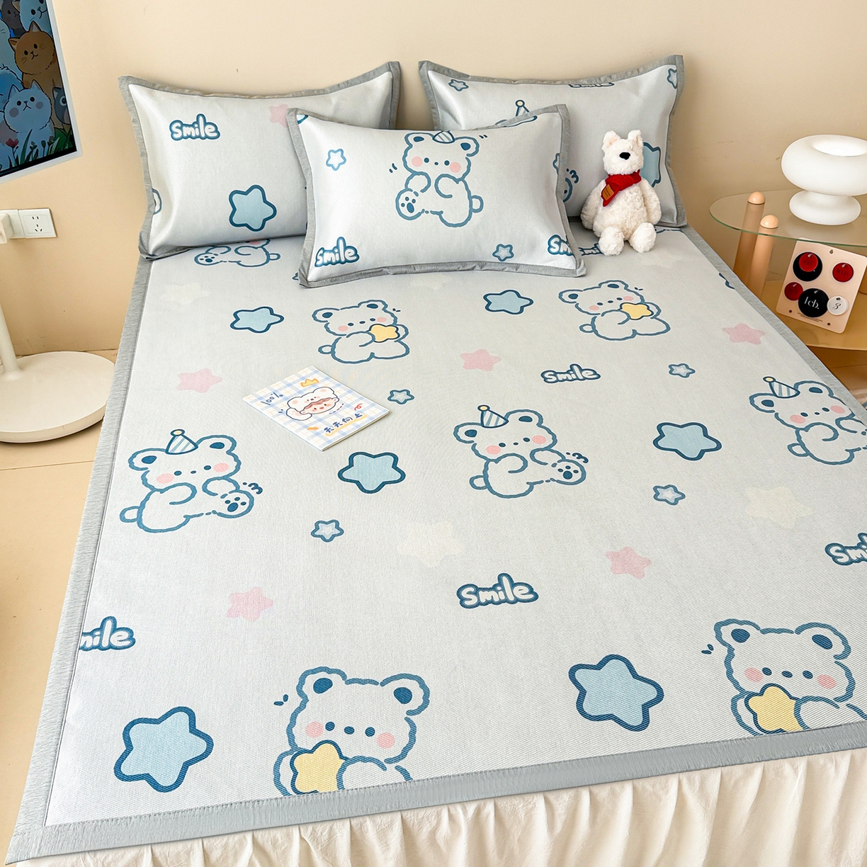 91家纺网 家纺一手货源 找家纺 懒猫家纺 2026新款250D数码印花宽边圆网冰丝凉席 星光小熊