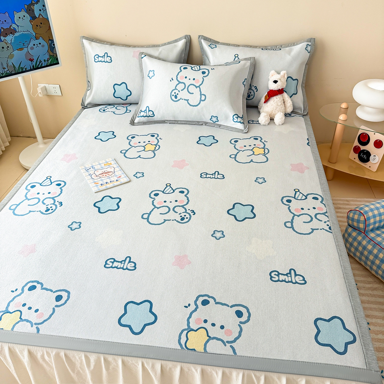 91家纺网 家纺一手货源 找家纺 懒猫家纺 2026新款250D数码印花宽边圆网冰丝凉席 星光小熊