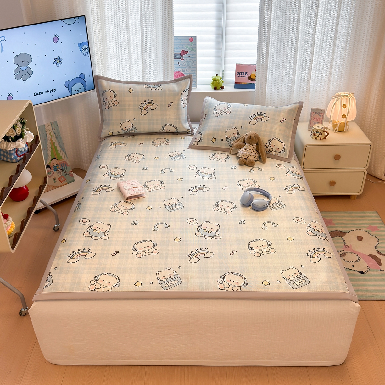 懒猫家纺 2026新款250D数码印花宽边圆网冰丝凉席 星乐小喵