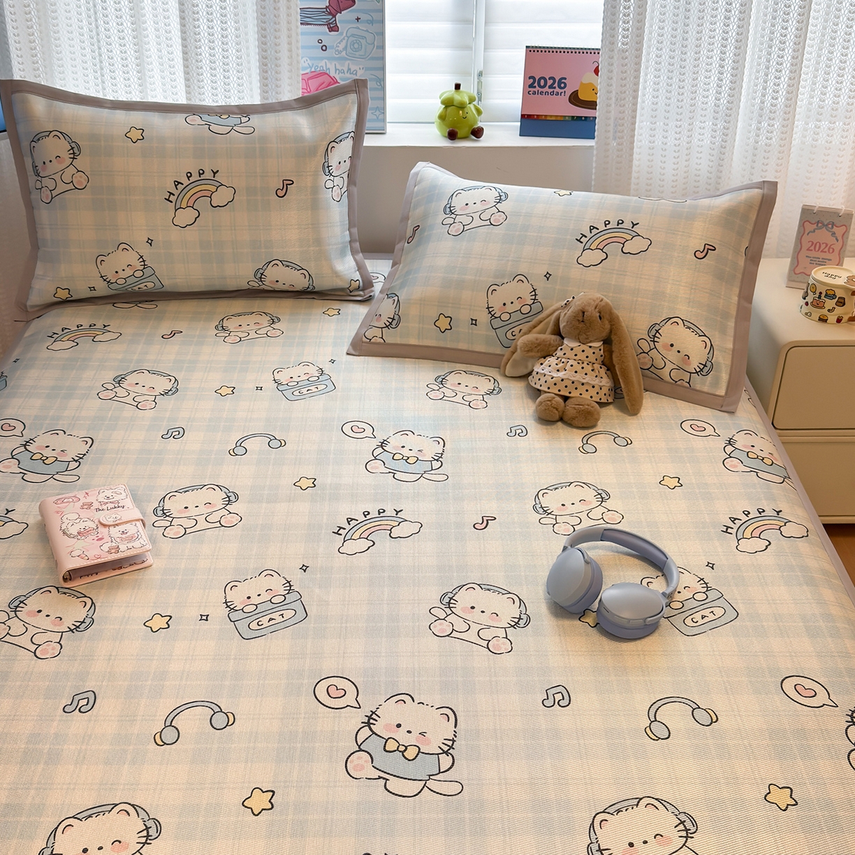 91家纺网 家纺一手货源 找家纺 懒猫家纺 2026新款250D数码印花宽边圆网冰丝凉席 星乐小喵