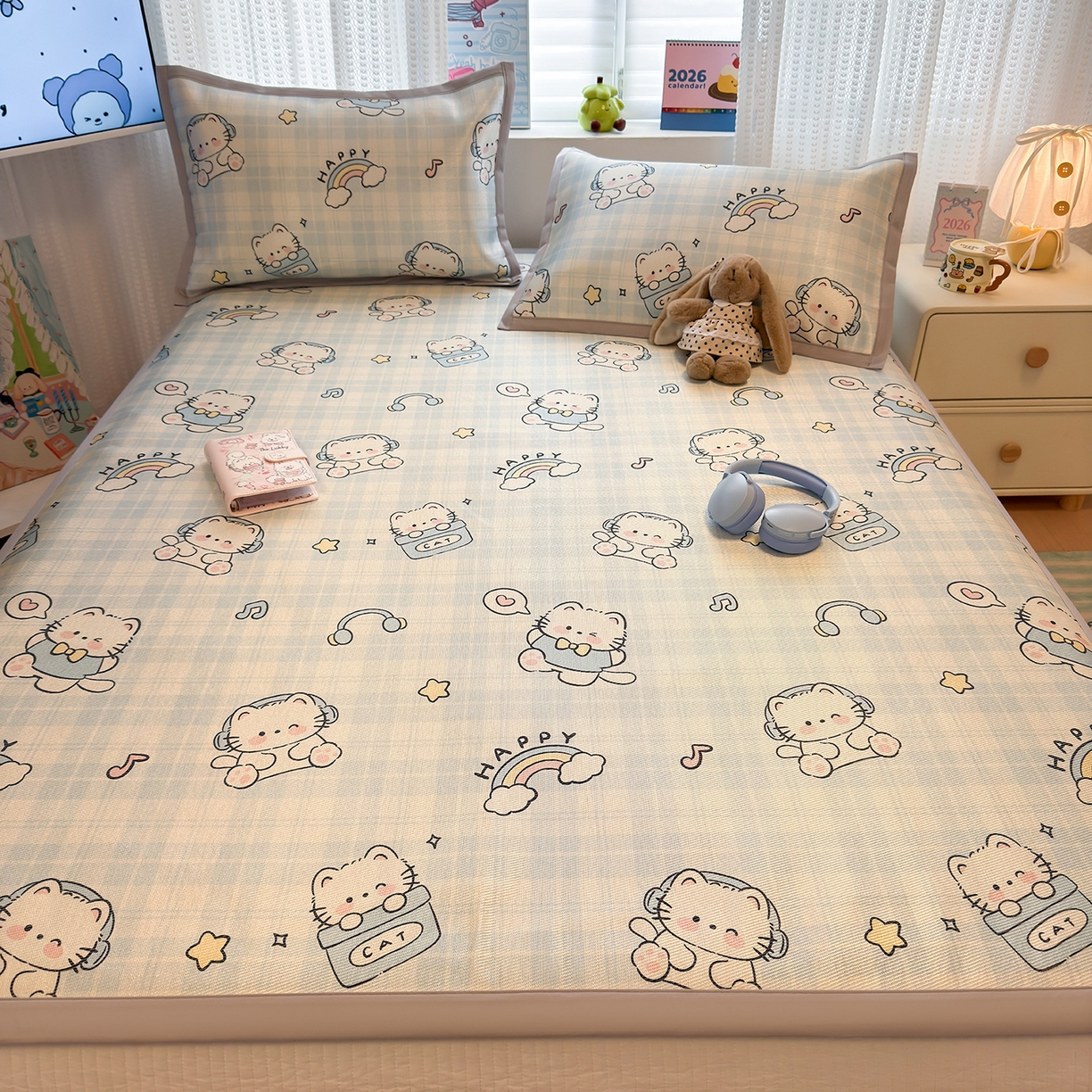 91家纺网 家纺一手货源 找家纺 懒猫家纺 2026新款250D数码印花宽边圆网冰丝凉席 星乐小喵