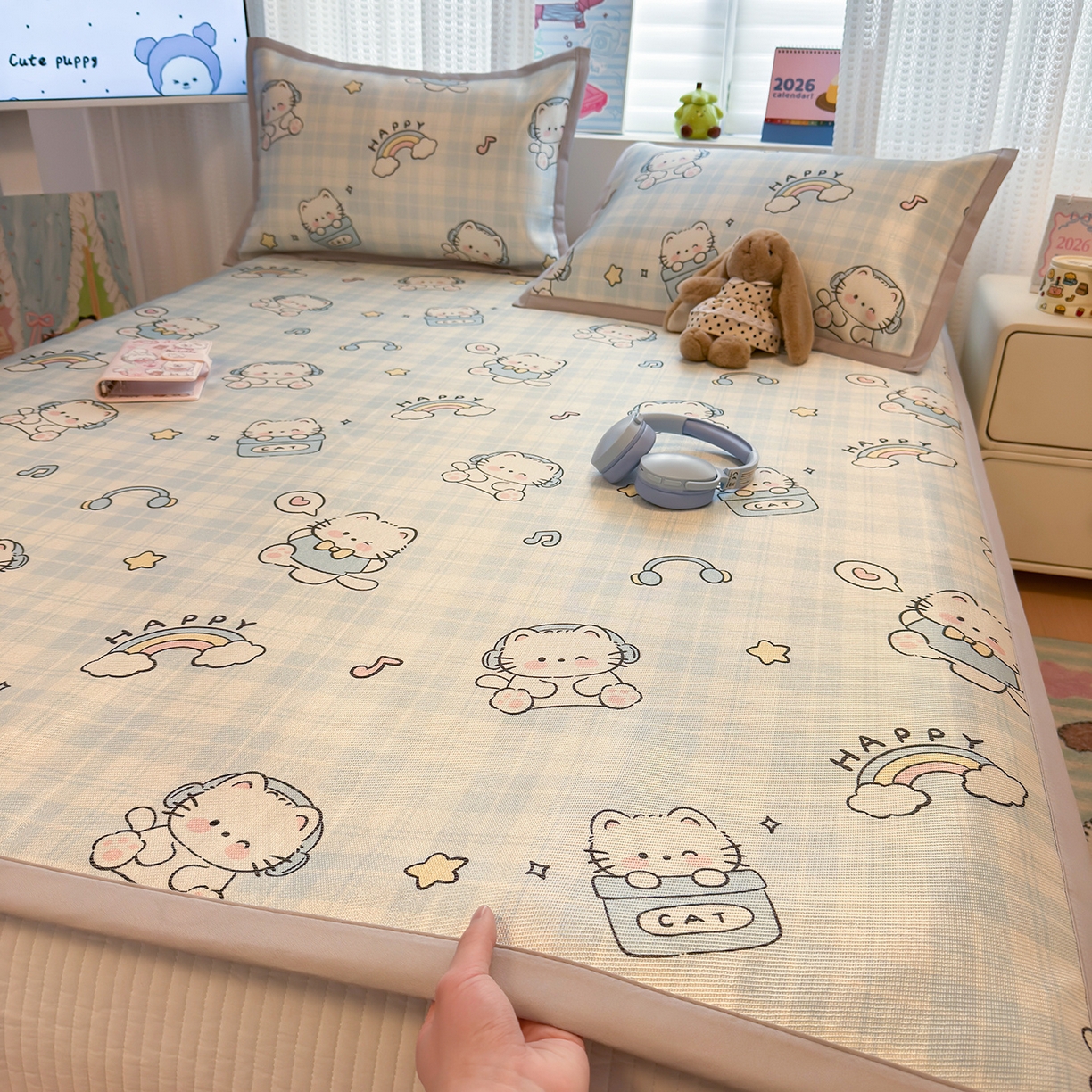 91家纺网 家纺一手货源 找家纺 懒猫家纺 2026新款250D数码印花宽边圆网冰丝凉席 星乐小喵