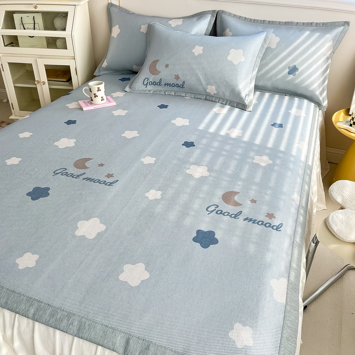 91家纺网 家纺一手货源 找家纺 懒猫家纺 2026新款250D数码印花宽边圆网冰丝凉席 星月湾