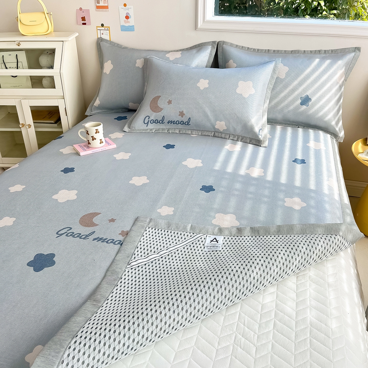 91家纺网 家纺一手货源 找家纺 懒猫家纺 2026新款250D数码印花宽边圆网冰丝凉席 星月湾