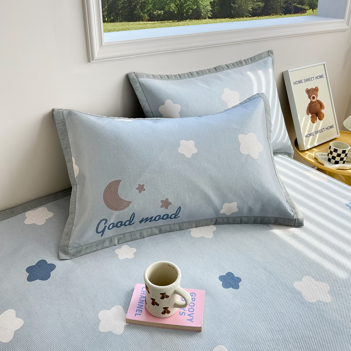 91家纺网 家纺一手货源 找家纺 懒猫家纺 2026新款250D数码印花宽边圆网冰丝凉席 星月湾