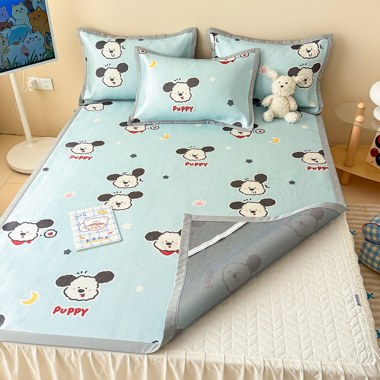 91家纺网 家纺一手货源 找家纺 懒猫家纺 2026新款250D数码印花宽边圆网冰丝凉席 星月小狗-蓝