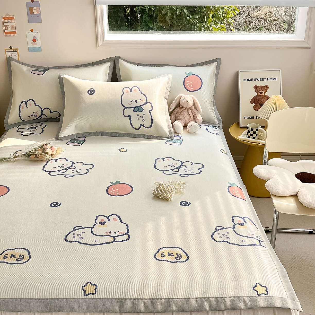 91家纺网 家纺一手货源 找家纺 懒猫家纺 2026新款250D数码印花宽边圆网冰丝凉席 元气兔