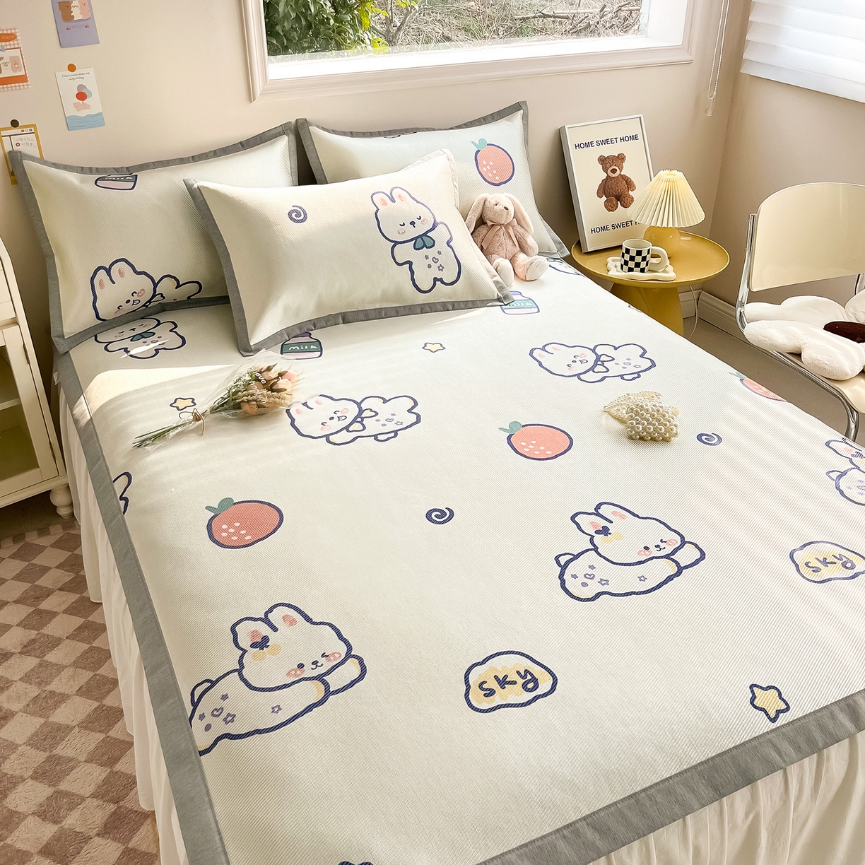 91家纺网 家纺一手货源 找家纺 懒猫家纺 2026新款250D数码印花宽边圆网冰丝凉席 元气兔