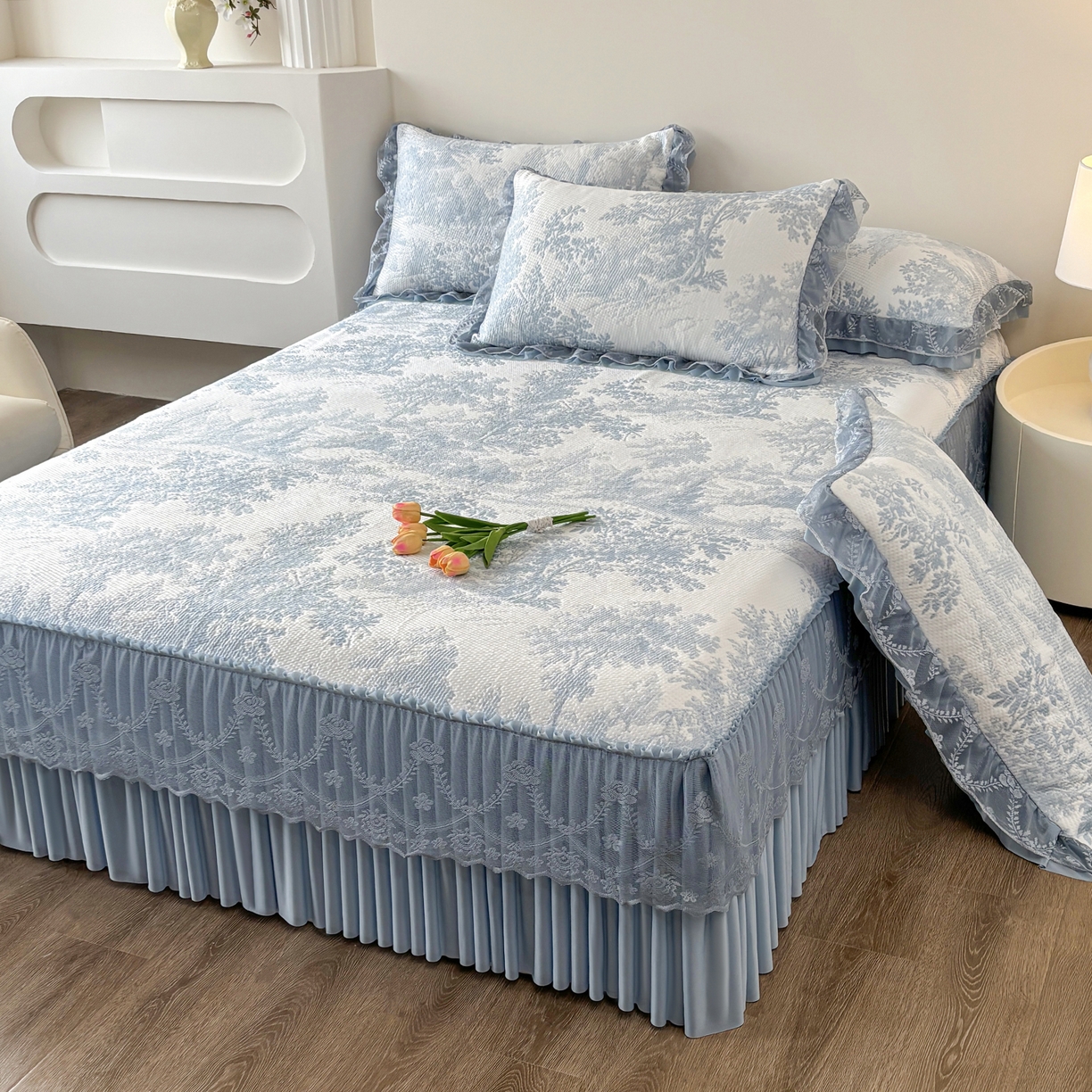 金艾草 2026春夏新款PE凉感床裙款凉席席子空调软席 清新-蓝色