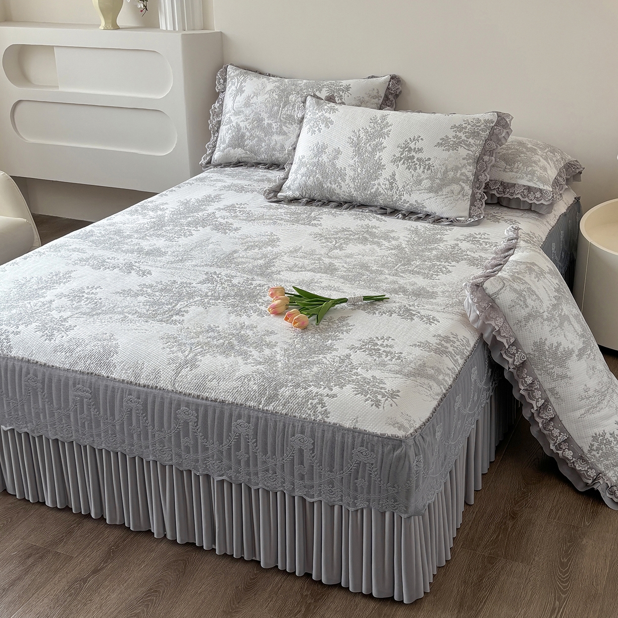 金艾草 2026春夏新款PE凉感床裙款凉席席子空调软席 清新-灰色