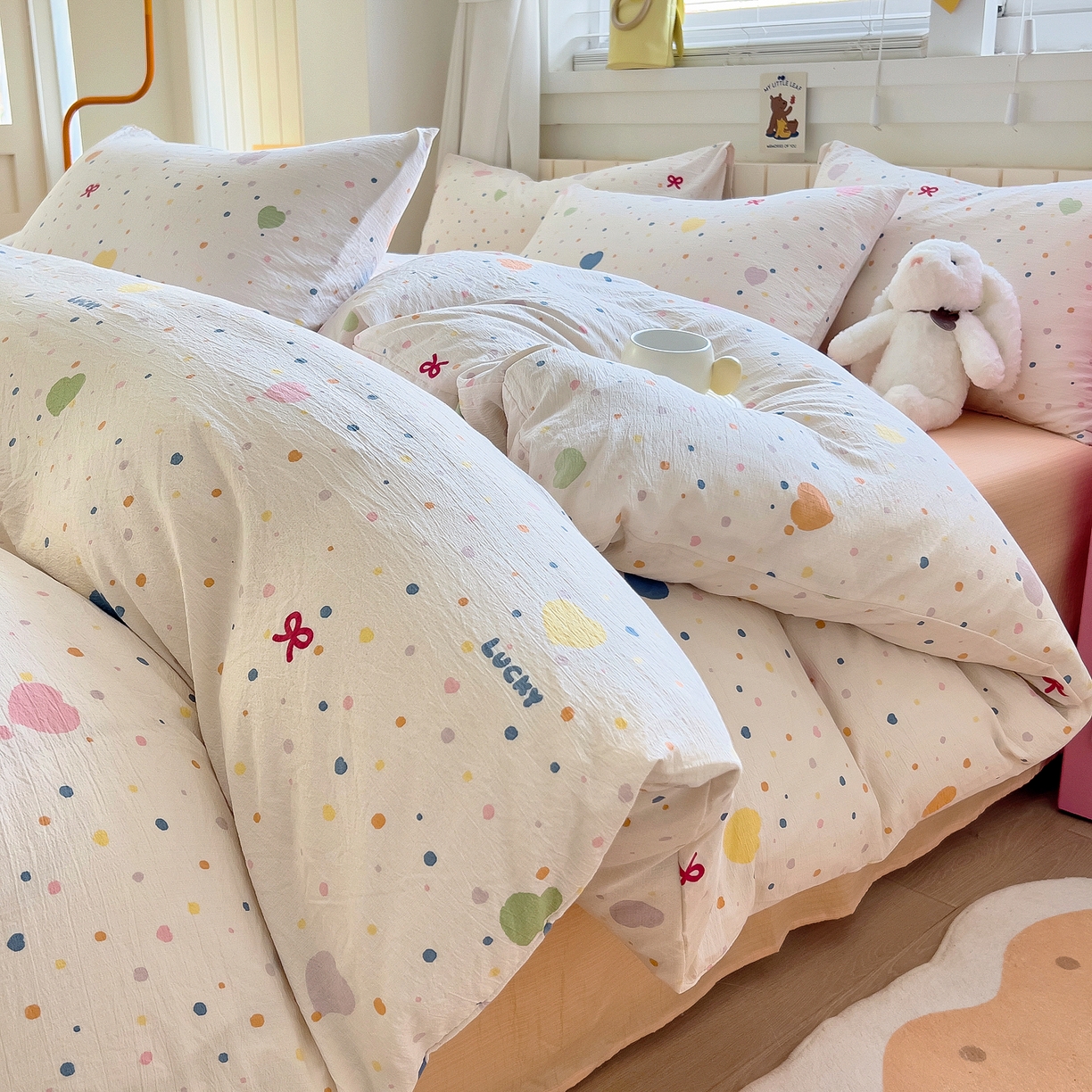 91家纺网 家纺一手货源 找家纺 （总）找底底家纺 2026新款泡泡棉小清新双层纱床裙款四件套