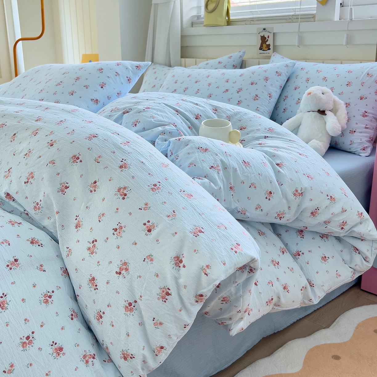 91家纺网 家纺一手货源 找家纺 （总）找底底家纺 2026新款泡泡棉小清新双层纱床裙款四件套