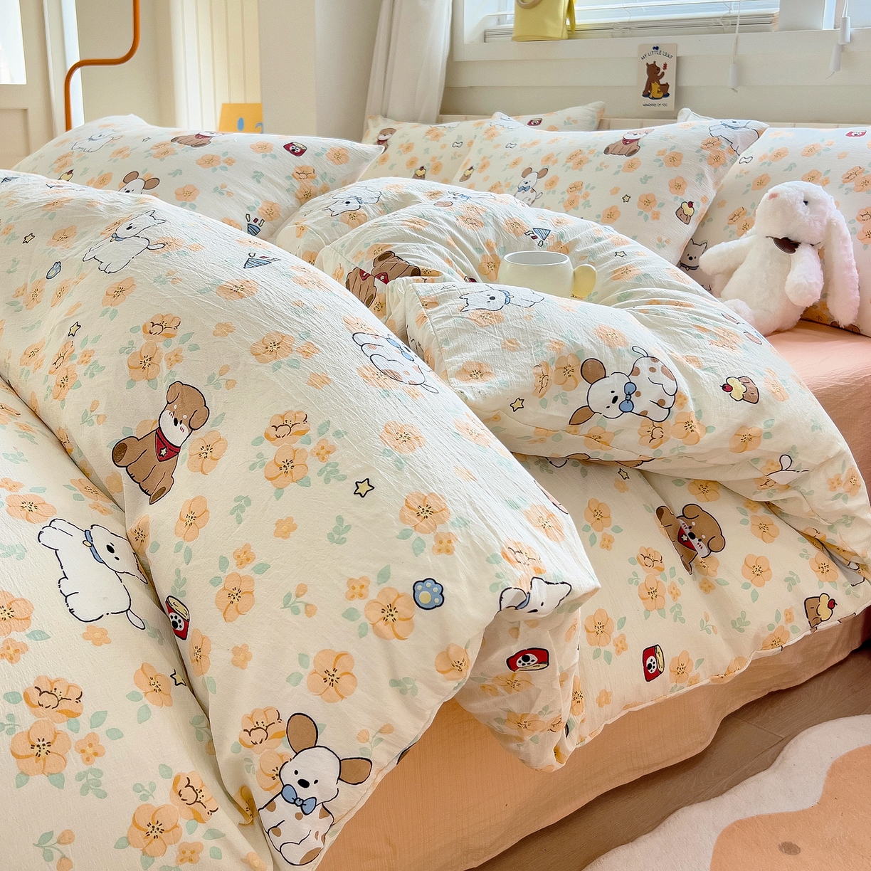 91家纺网 家纺一手货源 找家纺 （总）找底底家纺 2026新款泡泡棉小清新双层纱床裙款四件套