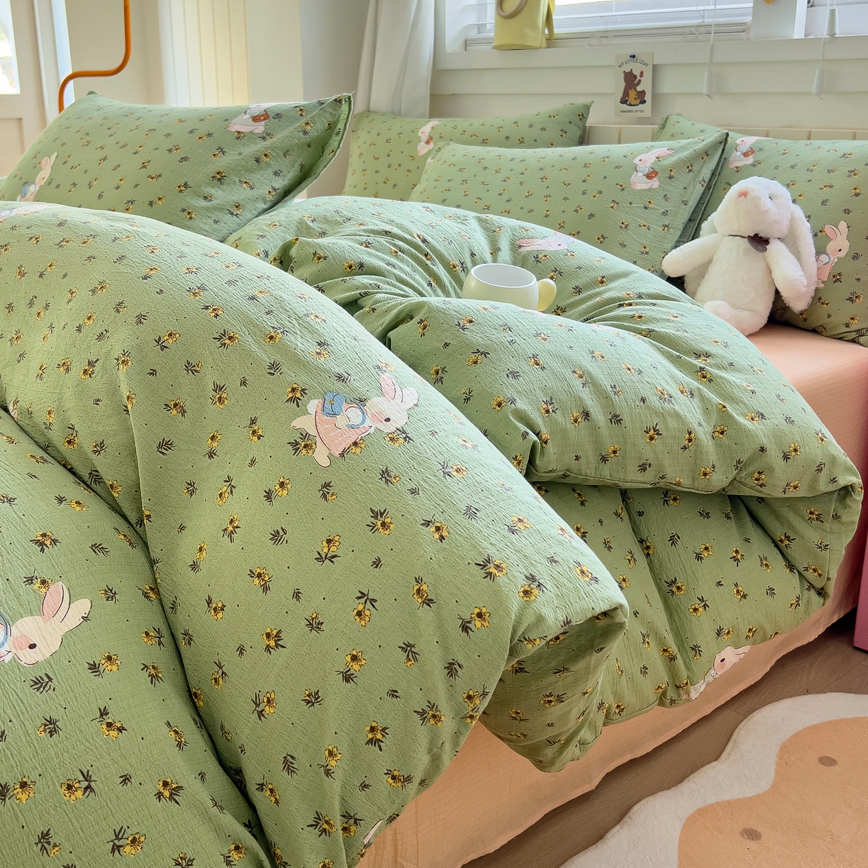 91家纺网 家纺一手货源 找家纺 （总）找底底家纺 2026新款泡泡棉小清新双层纱床裙款四件套