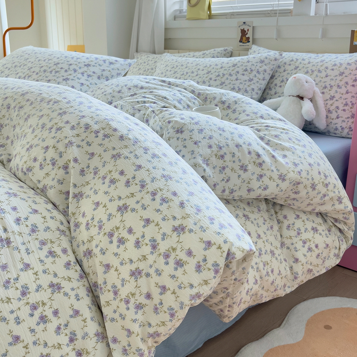 91家纺网 家纺一手货源 找家纺 （总）找底底家纺 2026新款泡泡棉小清新双层纱床裙款四件套