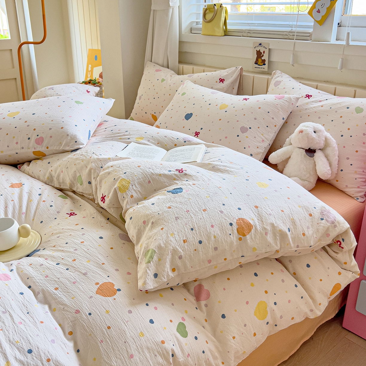 91家纺网 家纺一手货源 找家纺 找底底家纺 2026新款泡泡棉小清新双层纱床裙款四件套 波点爱心