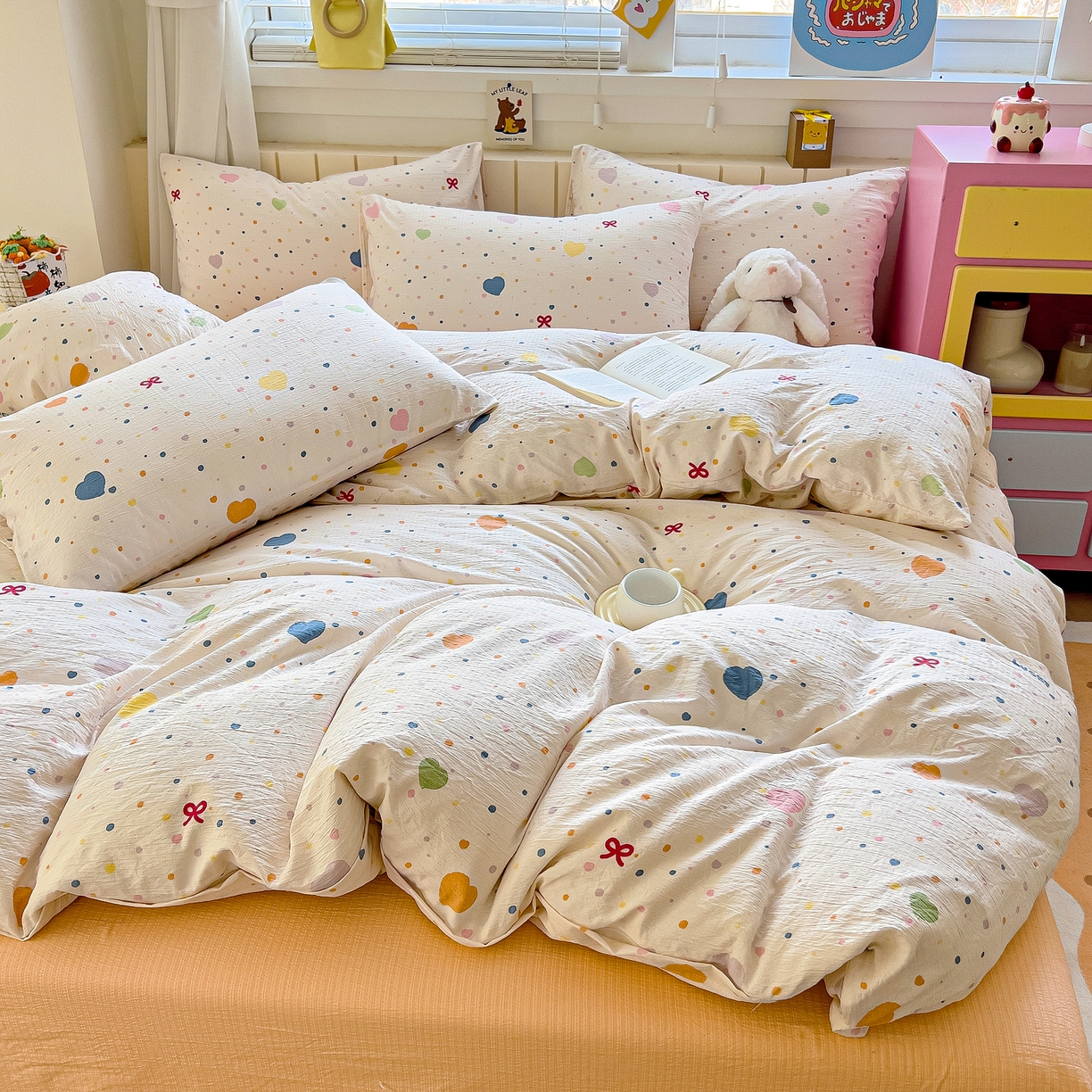 91家纺网 家纺一手货源 找家纺 找底底家纺 2026新款泡泡棉小清新双层纱床裙款四件套 波点爱心