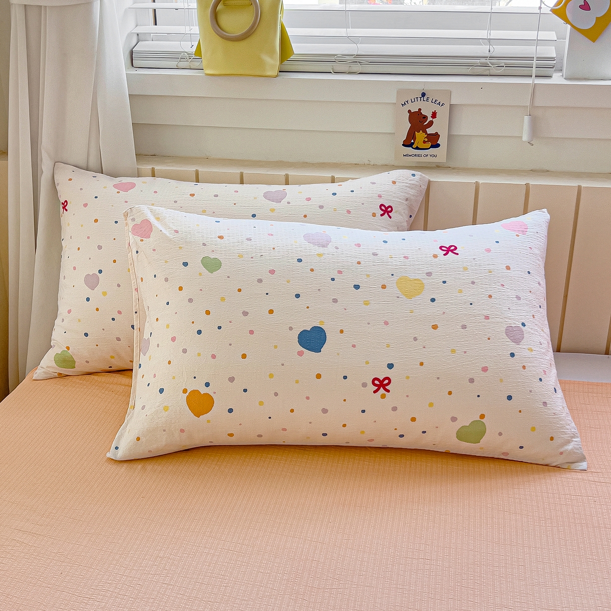 91家纺网 家纺一手货源 找家纺 找底底家纺 2026新款泡泡棉小清新双层纱床裙款四件套 波点爱心