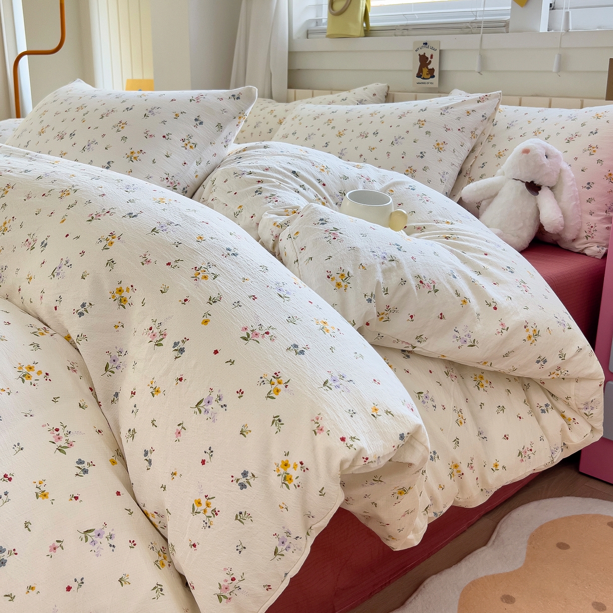 找底底家纺 2026新款泡泡棉小清新双层纱床裙款四件套 花沐