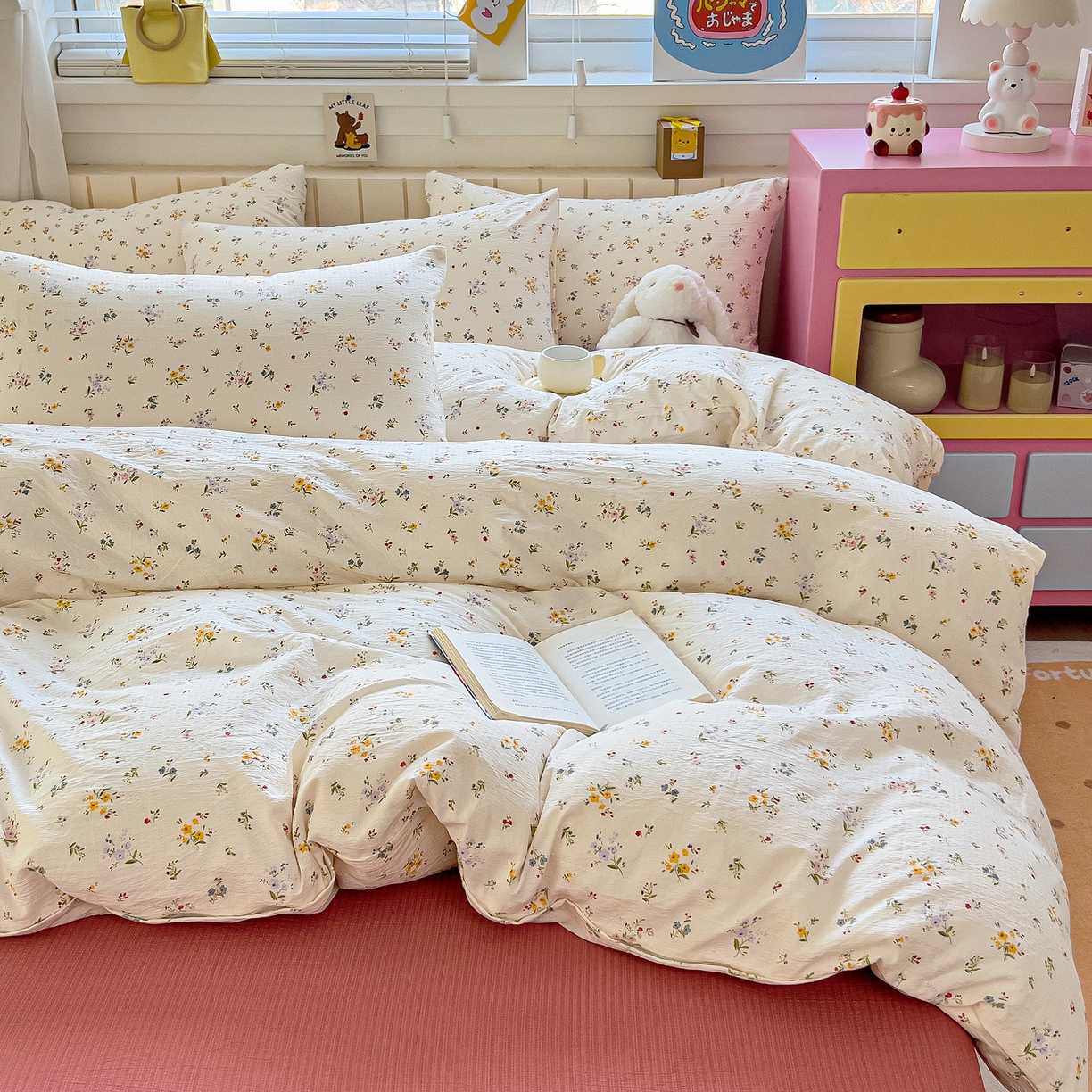 91家纺网 家纺一手货源 找家纺 找底底家纺 2026新款泡泡棉小清新双层纱床裙款四件套 花沐