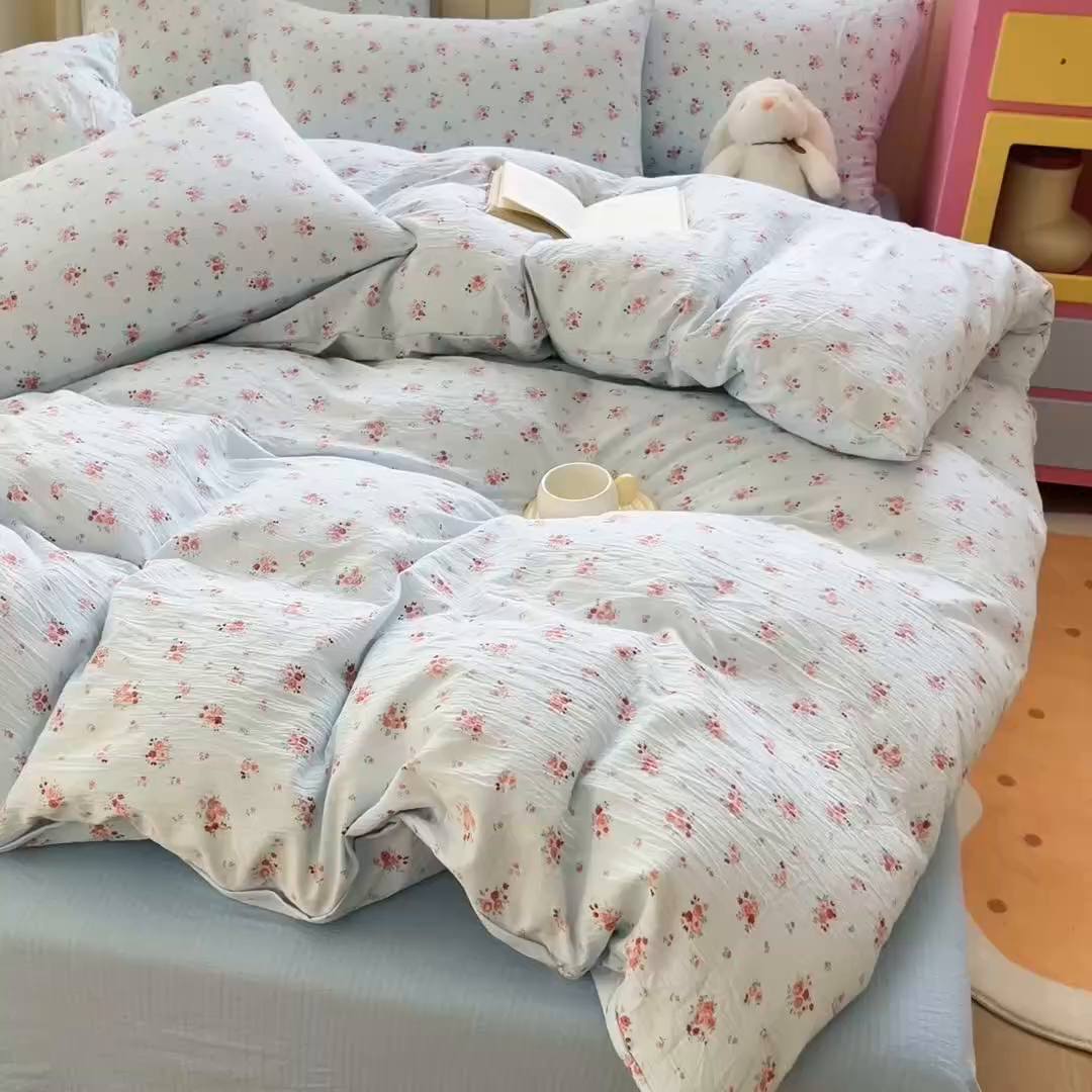 91家纺网 家纺一手货源 找家纺 找底底家纺 2026新款泡泡棉小清新双层纱床裙款四件套 兰蔻