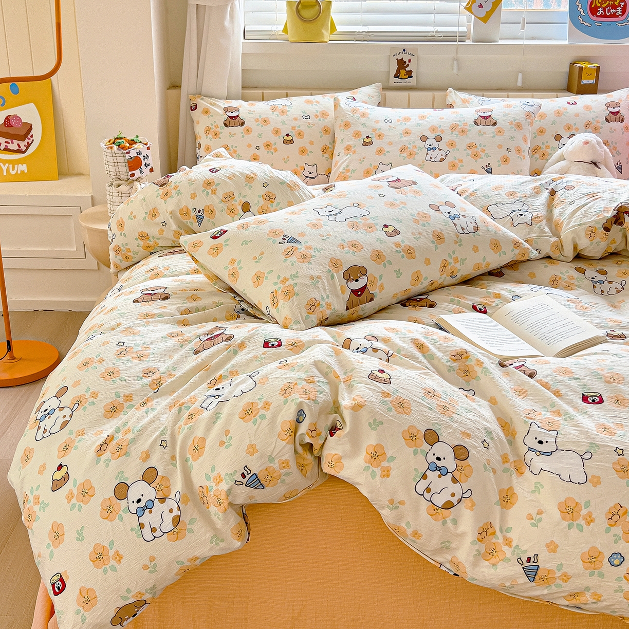 91家纺网 家纺一手货源 找家纺 找底底家纺 2026新款泡泡棉小清新双层纱床裙款四件套 萌宠拾光