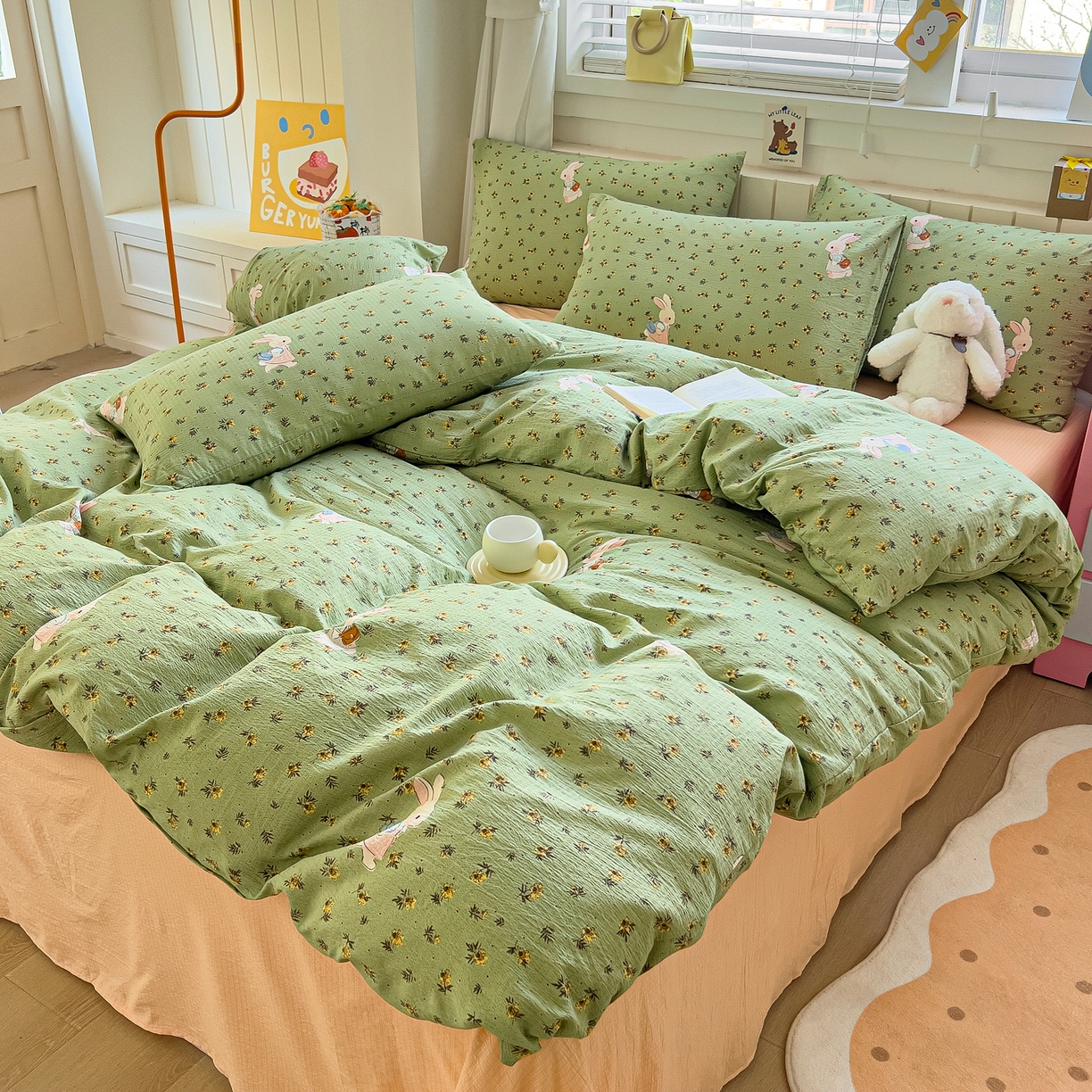 91家纺网 家纺一手货源 找家纺 找底底家纺 2026新款泡泡棉小清新双层纱床裙款四件套 青橘兔