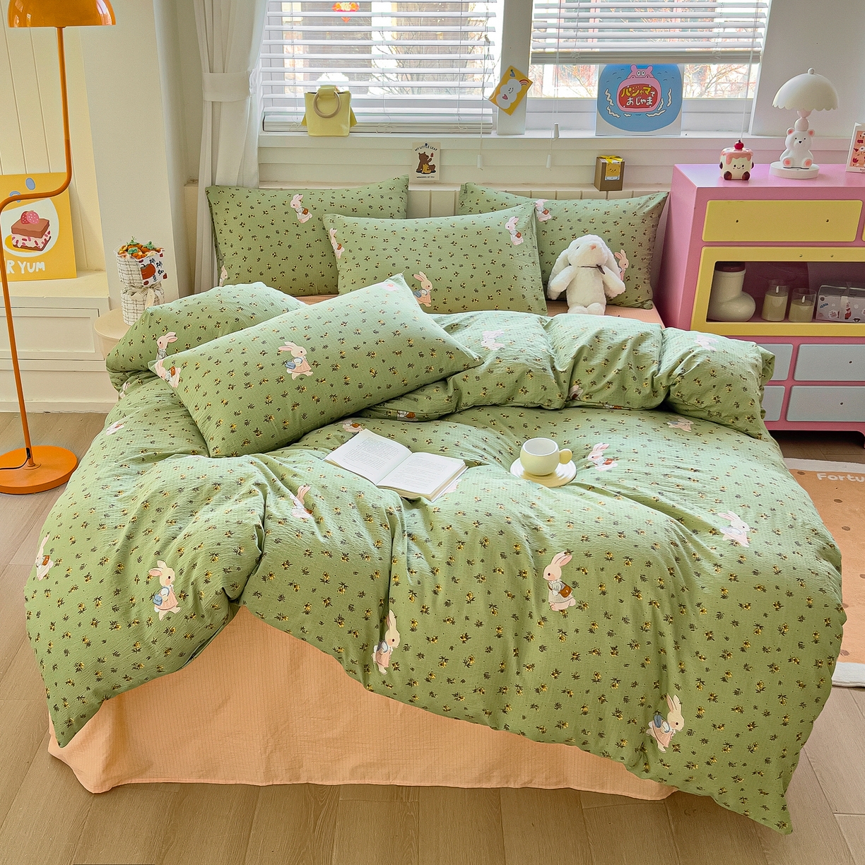 91家纺网 家纺一手货源 找家纺 找底底家纺 2026新款泡泡棉小清新双层纱床裙款四件套 青橘兔