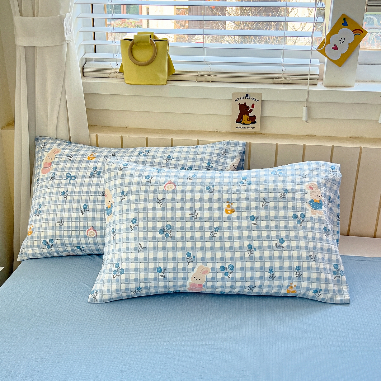 91家纺网 家纺一手货源 找家纺 找底底家纺 2026新款泡泡棉小清新双层纱床裙款四件套 雾兰格兔