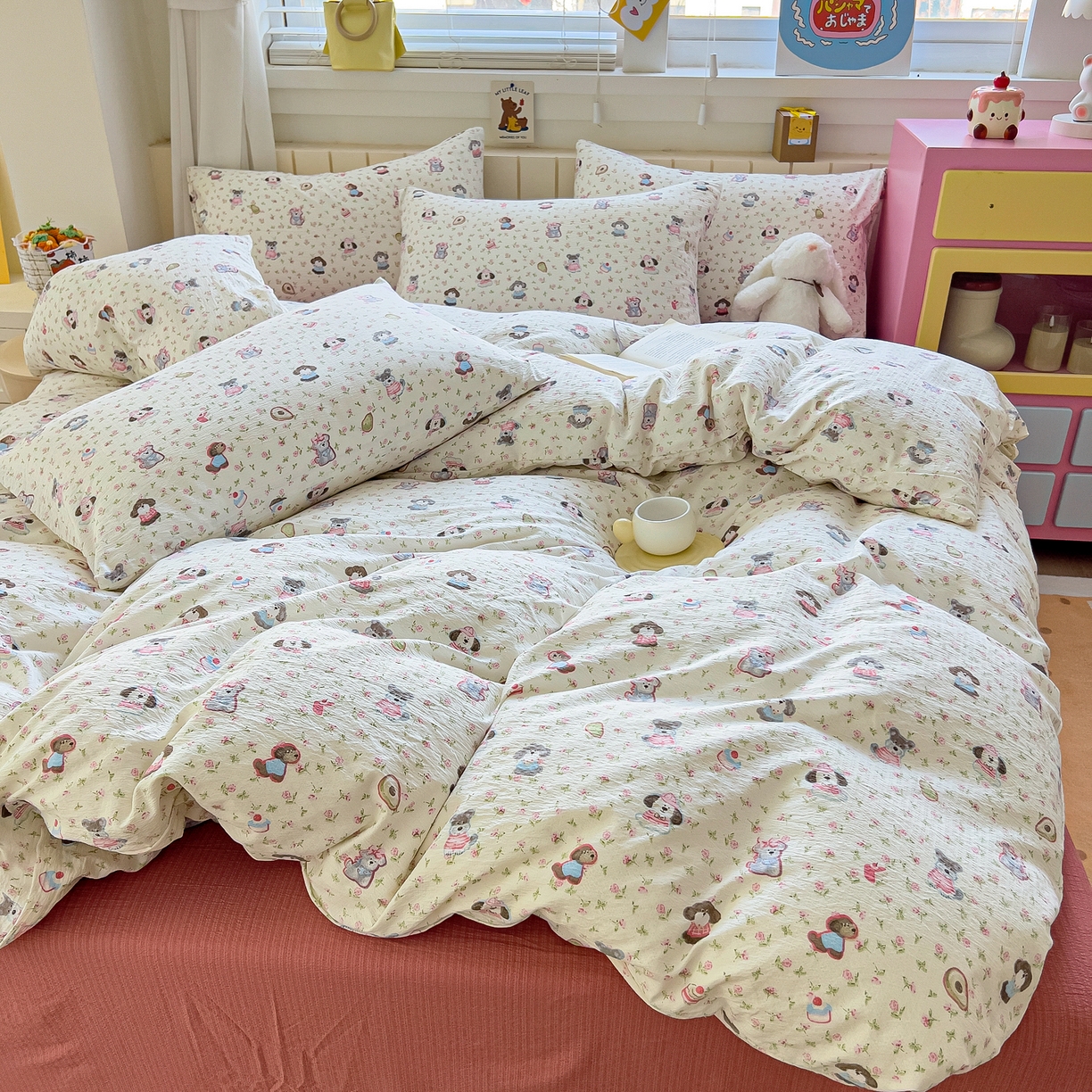 91家纺网 家纺一手货源 找家纺 找底底家纺 2026新款泡泡棉小清新双层纱床裙款四件套 西高地