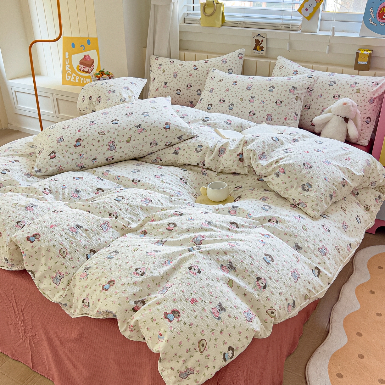 91家纺网 家纺一手货源 找家纺 找底底家纺 2026新款泡泡棉小清新双层纱床裙款四件套 西高地