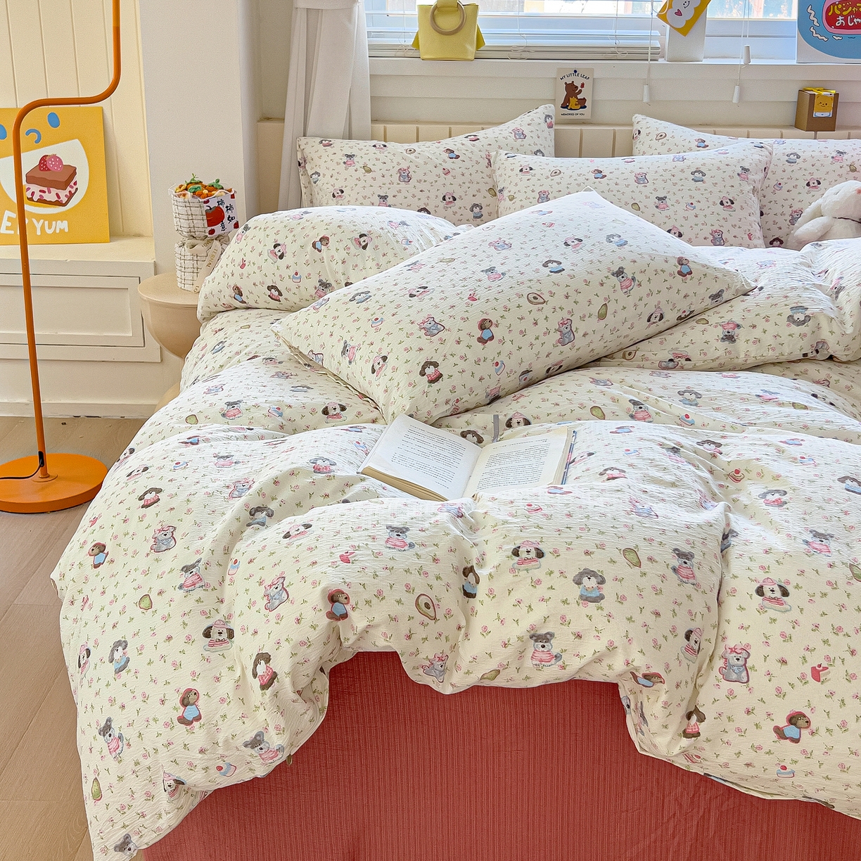 91家纺网 家纺一手货源 找家纺 找底底家纺 2026新款泡泡棉小清新双层纱床裙款四件套 西高地