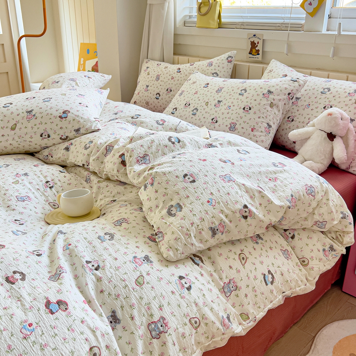 91家纺网 家纺一手货源 找家纺 找底底家纺 2026新款泡泡棉小清新双层纱床裙款四件套 西高地