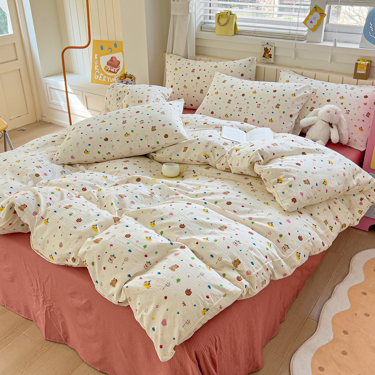 91家纺网 家纺一手货源 找家纺 找底底家纺 2026新款泡泡棉小清新双层纱床裙款四件套 小确幸