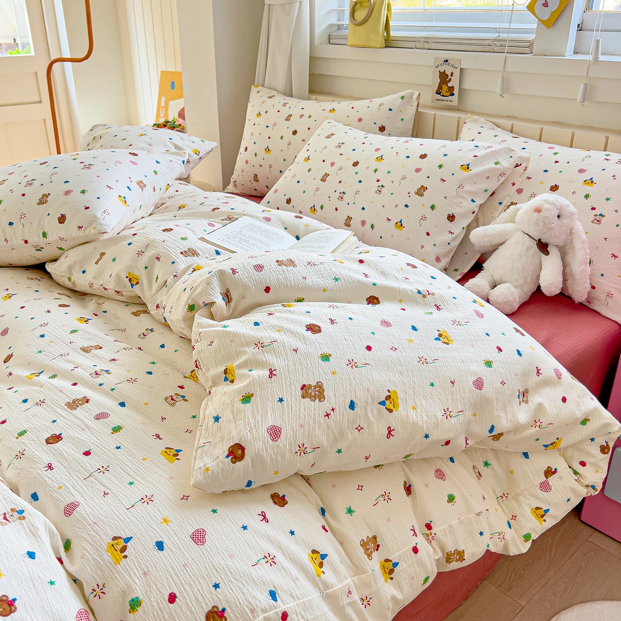 91家纺网 家纺一手货源 找家纺 找底底家纺 2026新款泡泡棉小清新双层纱床裙款四件套 小确幸