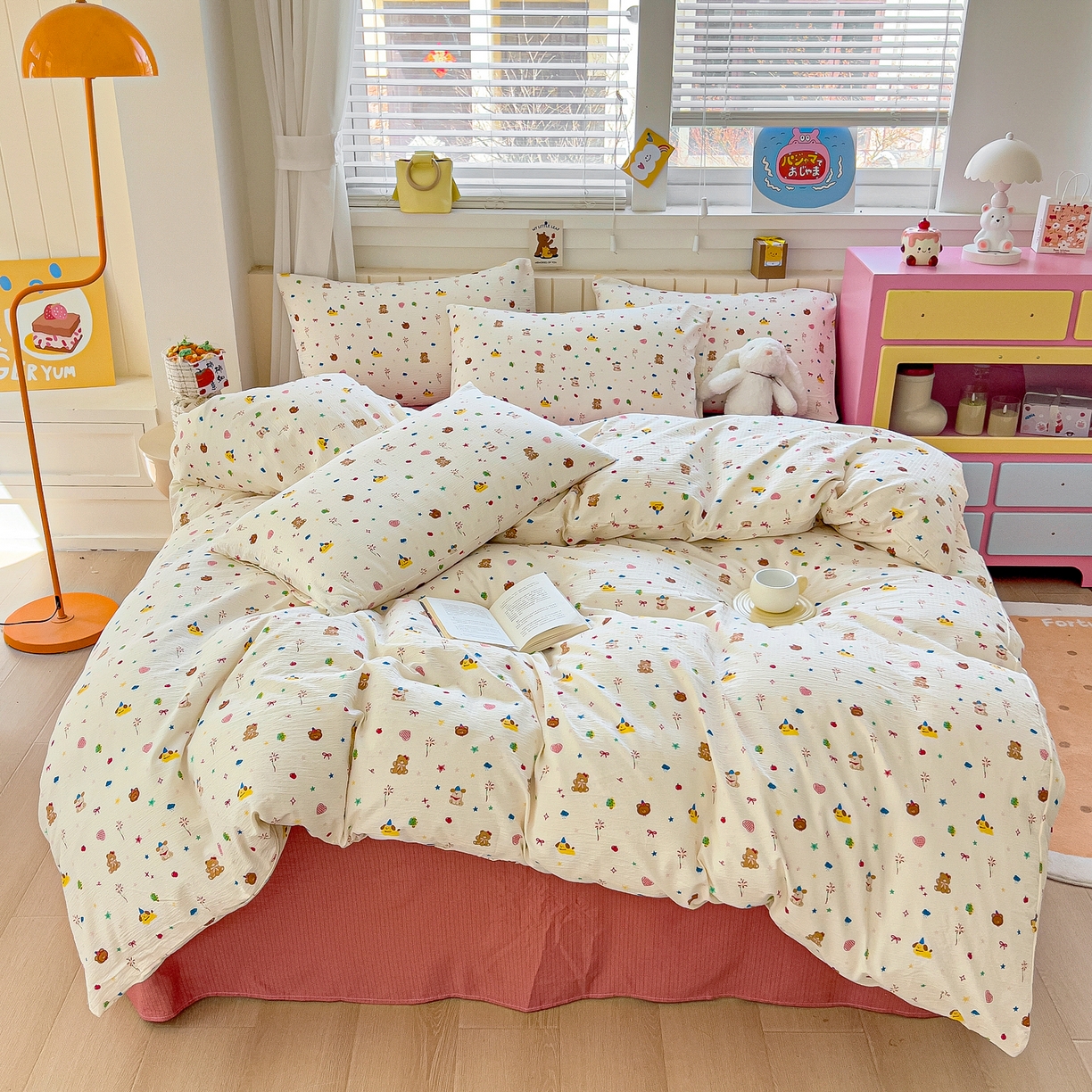 91家纺网 家纺一手货源 找家纺 找底底家纺 2026新款泡泡棉小清新双层纱床裙款四件套 小确幸